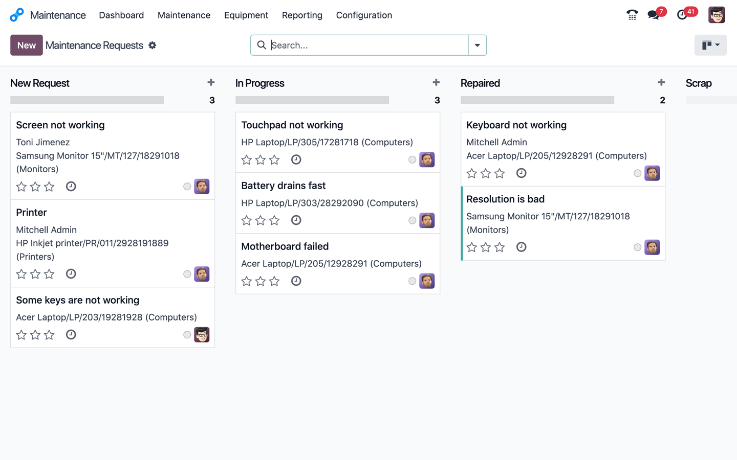 Odoo Maintenance interface showing equipment