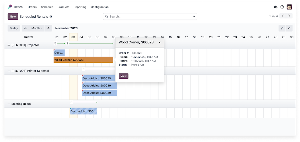 Odoo Rental app interface
